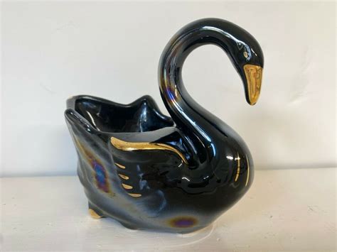 Gold Swan Gravy Boat Makers Mark Iridescent Planters Pottery Vase