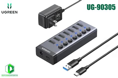 Bộ HUB chia 7 cổng USB 3 0 5Gbps vỏ nhôm công tắc Ugreen 90305 kèm