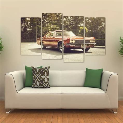 Quadro Decorativo Carro Antigo Vintage Em Tecido 4 Peças 1Re