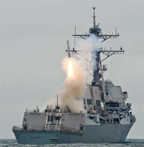 Stern view of the destroyer USS Sterett seen launching a Tomahawk ...