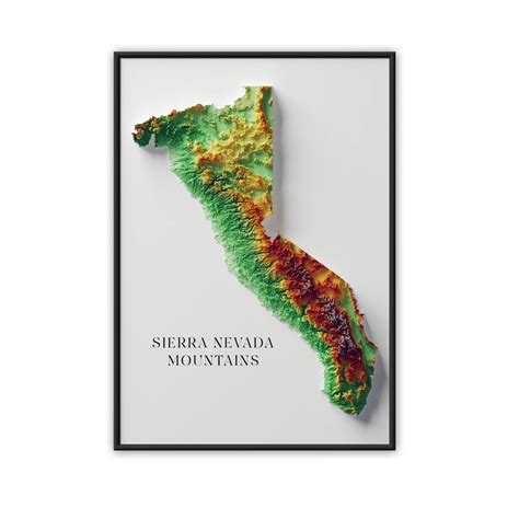 Sierra Nevada Mountains Elevation Map With Relief Effect on Matte Art ...