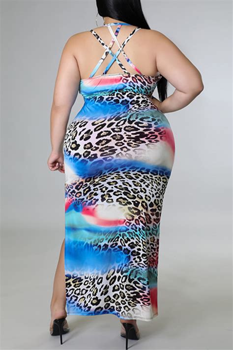 Wholesale Blue Fashion Sexy Plus Size Print Backless Slit Spaghetti Strap Long Dress K45655 1 Online