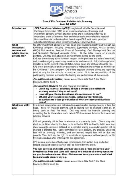 Fillable Online Sec Govform Crs Relationship Summary Amendments To