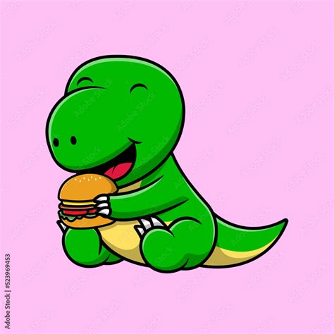 Cute Dinosaur Eating Burger Cartoon Vector Icon Illustration Flat