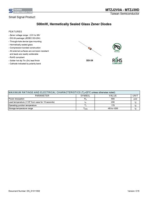 Mtzj V Datasheet Pdf Hermetically Sealed Glass Zener Diodes