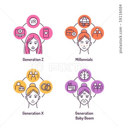 Theory Of Generations Color Line Icons Set Stock Illustration