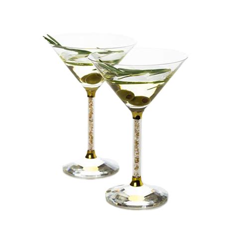 Set Of 2 Martini Glasses With Gold And Clear Crystal Filled Stems Drinking Divas