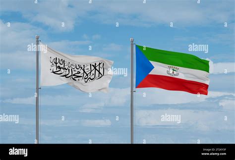 Equatorial Guinea And Afghanistan Flags Waving Together On Blue Cloudy