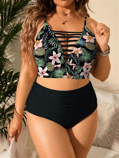 Shein Swim Vcay Plus Tropical Print Cut Out High Waist Bikini Swimsuit