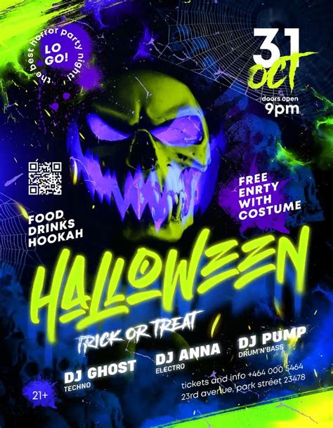 A Flyer For A Halloween Party With Neon Colors And An Image Of A Skull