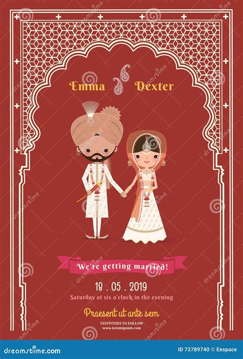 Indian Wedding Bride Groom Cartoon Romantic Pink Vector Image