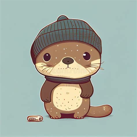 Cute Otter Comic Wearing A Beanie With Sweater And Hut Stock