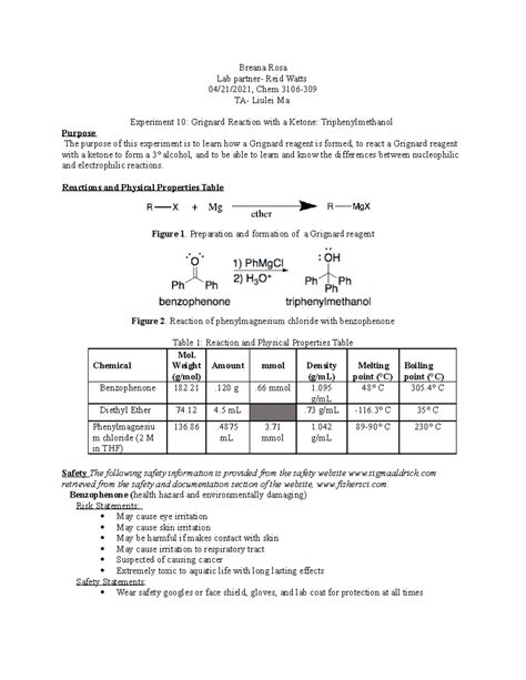 Ochem 3106 Experiment 10 Lab Outline Grignard Reaction With A Ketone