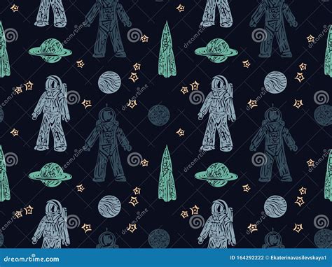 Hand Drawn Space Galaxy Vector Seamless Pattern Night Sky With Stars Spaceships Astronauts