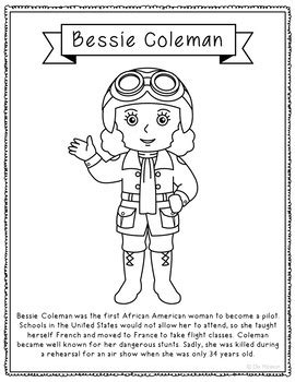 Bessie Coleman Biography Coloring Page Craft | Black History Month Worksheet