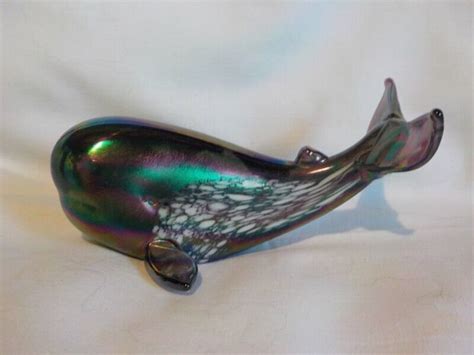 Vintage Pele S Carnival Glass Whale Paperweight Blue Iridescent From