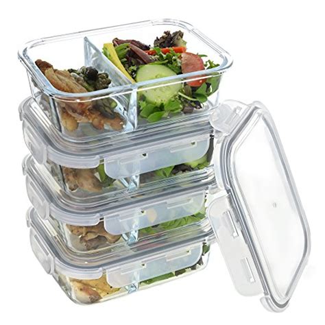 Set Of 4 Divided Glass Meal Prep Containers Food Storage Containers