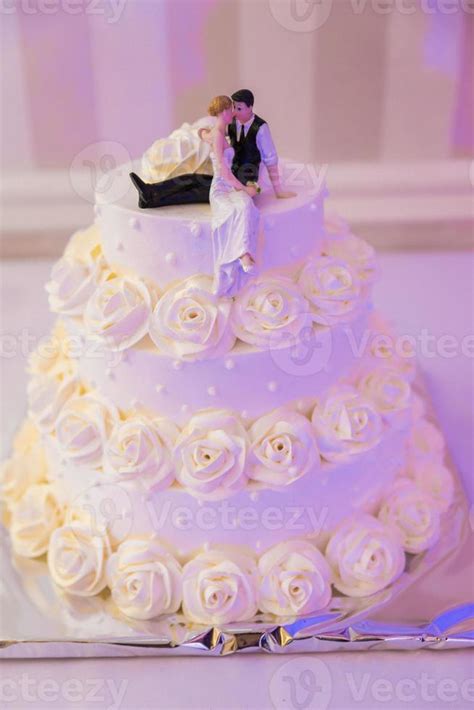 White Wedding Cake Decorated By Flowers Fruits Stock Photo At