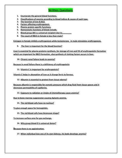 Physiology Question Bank Blood Written Questions Enumerate The