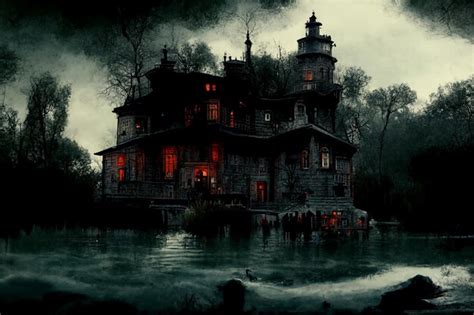 Premium AI Image Arafed House In The Middle Of A Lake With A Dark Sky