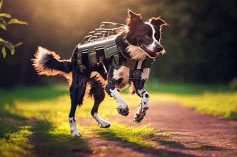 Dog with Robotic Leg Running and Jumping on Park Playground Stock ...