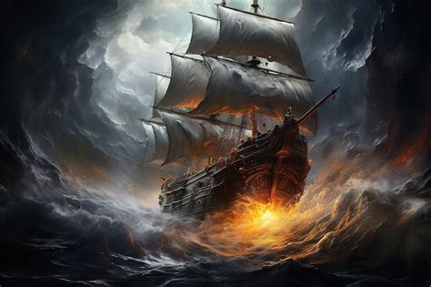 Premium AI Image | a ship on fire and a storm in the background