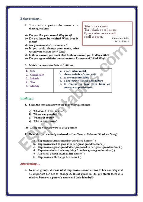 My Name By Sandra Cisneros Esl Worksheet By Teacher Mauricio