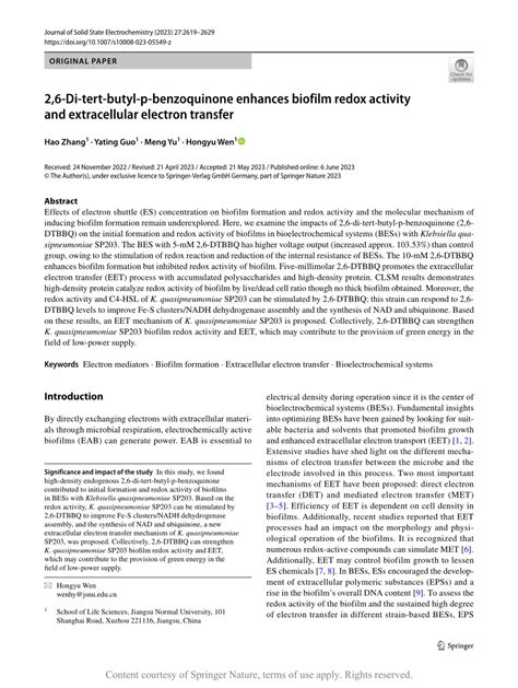 2 6 Di Tert Butyl P Benzoquinone Enhances Biofilm Redox Activity And