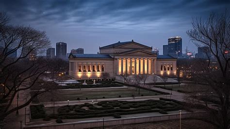 El instituto de arte de chicago está iluminado por la noche Foto Premium