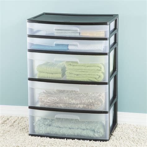 Sterilite Plastic 5 Drawer Wide Tower Black