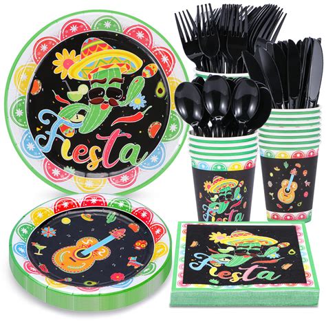 Atonofun Fiesta Party Supplies Mexican Themed Dinnerware Set Disposable Plates Cups Napkins