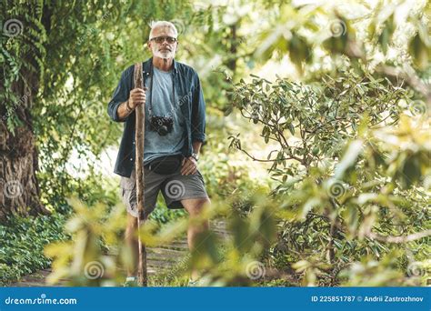 Ruhestand Und Aktive Wanderung Auf Dem Weg Im Wald Grauhaariger Mann