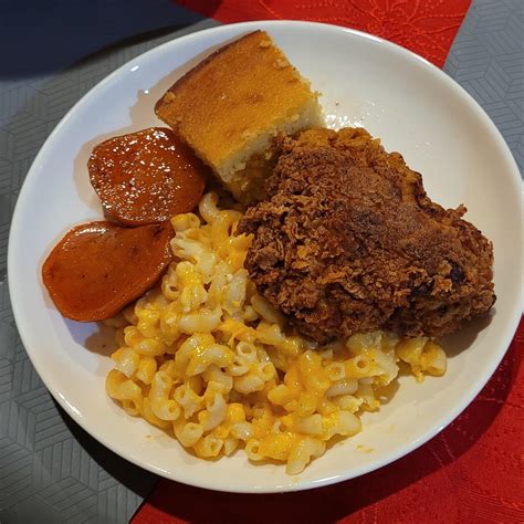 [homemade] Buttermilk Fried Chicken With Mac And Cheese Candied Yams And Cornbread R Food