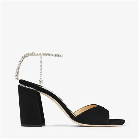 Saeda Sandal Block Heel 85 水晶链饰黑色绒面革凉鞋 新品系列 Jimmy Choo