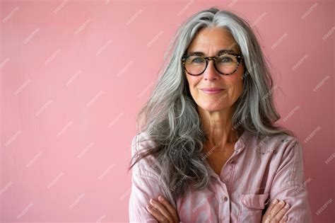 Premium Photo A Woman With Gray Hair And Glasses Standing In Front Of A Pink Wall