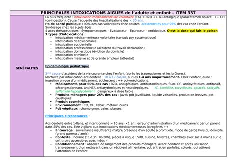 Principales Intoxications Aigues PRINCIPALES INTOXICATIONS AIGUES