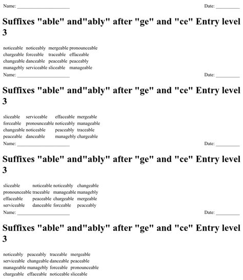 Suffixes Able Andably After Ge And Ce Entry Level 3 Bingo Cards