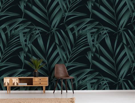 Dark Palm Leaves Wallpaper Peel And Stick Wall Mural With Etsy