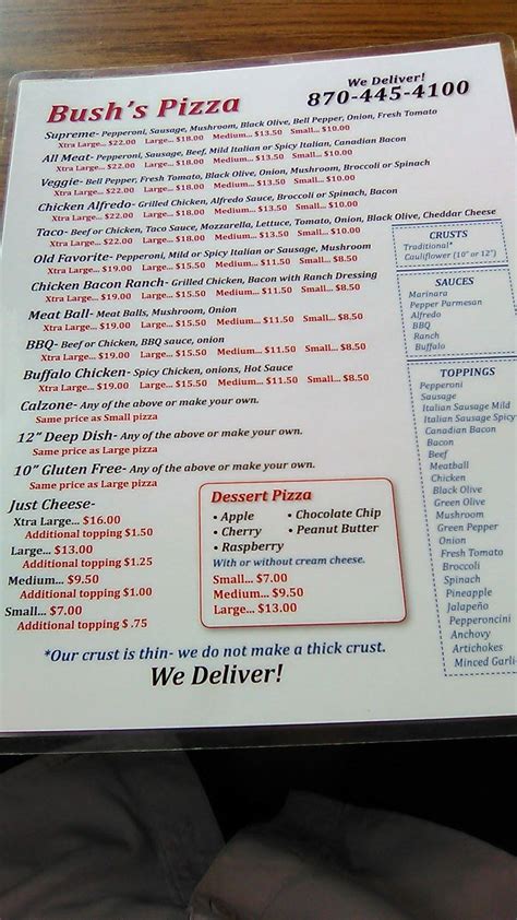 Menu At Bush S Pizza Pizzeria Bull Shoals