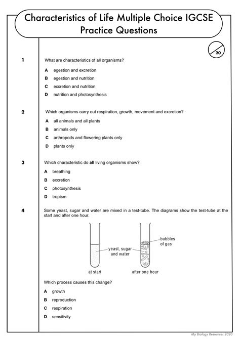 Gcse Biology Multiple Choice Topic Question Pack On Characteristics Of