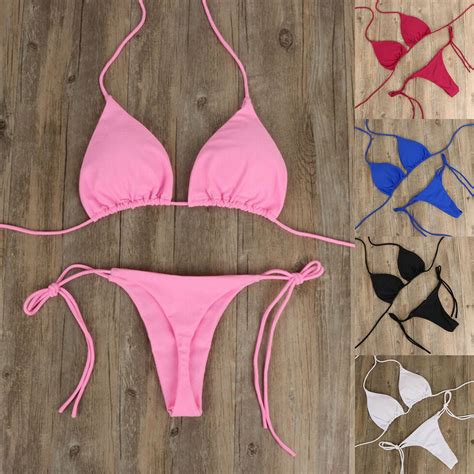 Rygai 2 Pcs Set Bikini Set Solid Color Halter Neck Strap Thong Women