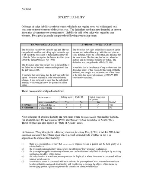 Strict Liability Table Pdf Mens Rea Strict Liability