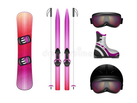 Realistic Skiing And Snowboarding Equipment Set Ski Poles Snowboard