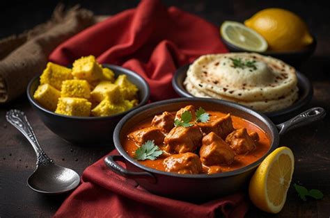 Traditional Indian Butter Chicken Curry And Lemon Served Iron Premium