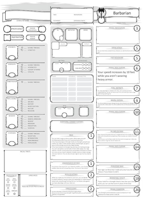 Barbarian Character Sheet Dandd 5e Pdf Fillable And Printable Etsy