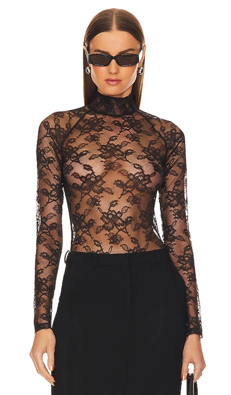 Fleur Du Mal High Neck Lace Bodysuit In Black Revolve