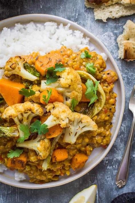 Red Lentil Dhal With Roasted Cauliflower And Butternut Squash Vegan Domestic Gothess