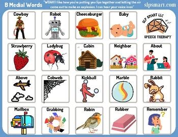 B Medial Words Articulation Therapy Freebie Print Go Tpt