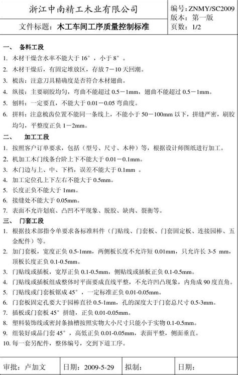 木工车间工序质量目标和标准word文档在线阅读与下载免费文档