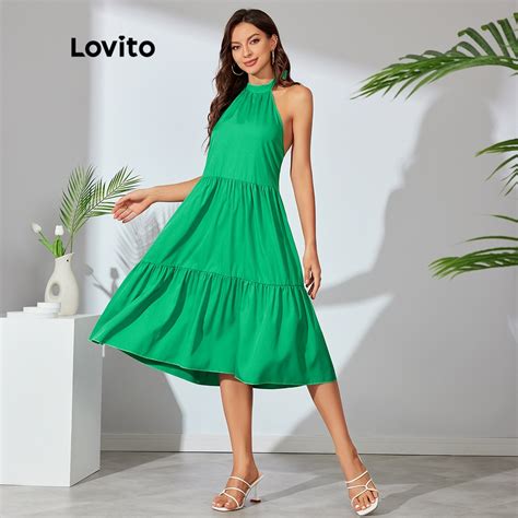 Lovito Vestido Brasil Copa 2022 Casual Liso Sem Manga Babado